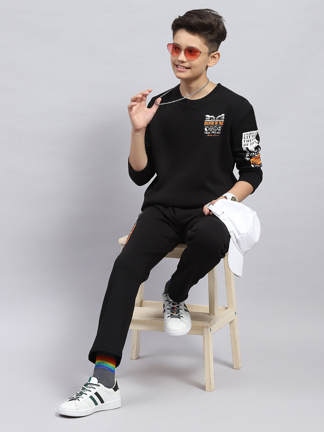 Boys Black Printed Round Neck Full Sleeve Tracksuit