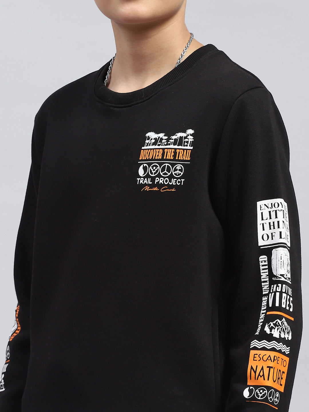 Boys Black Printed Round Neck Full Sleeve Tracksuit