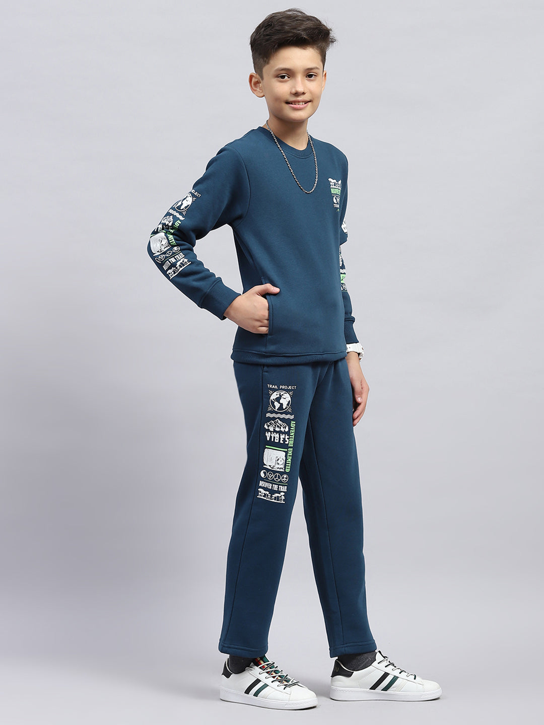 Boys Teal Blue Printed Round Neck Full Sleeve Tracksuit