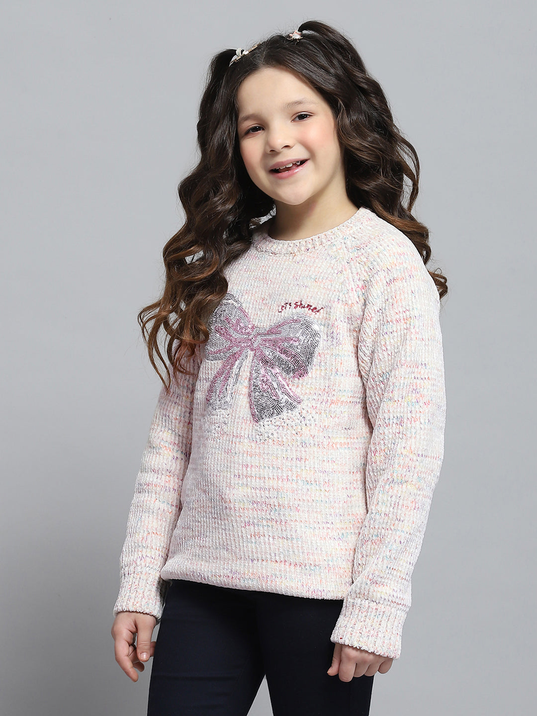 Girls Cream Self Design Round Neck Full Sleeve Winter Top