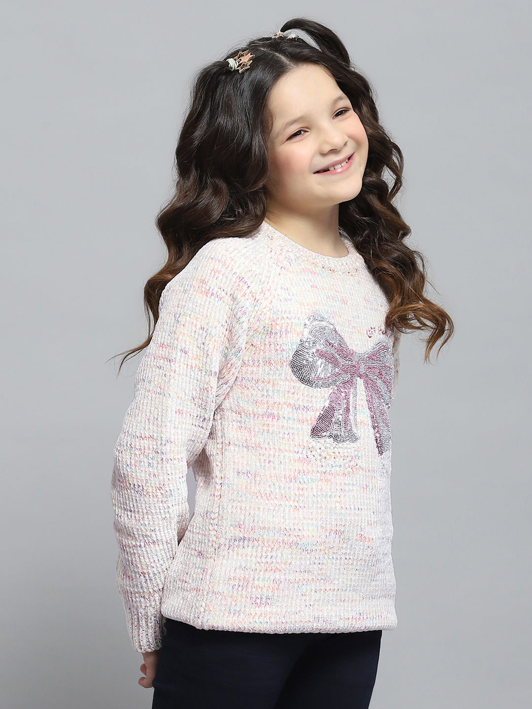 Girls Cream Self Design Round Neck Full Sleeve Winter Top