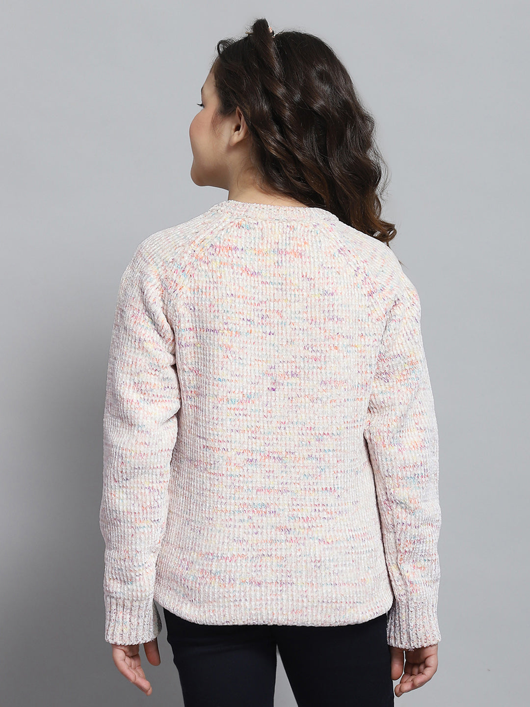 Girls Cream Self Design Round Neck Full Sleeve Winter Top