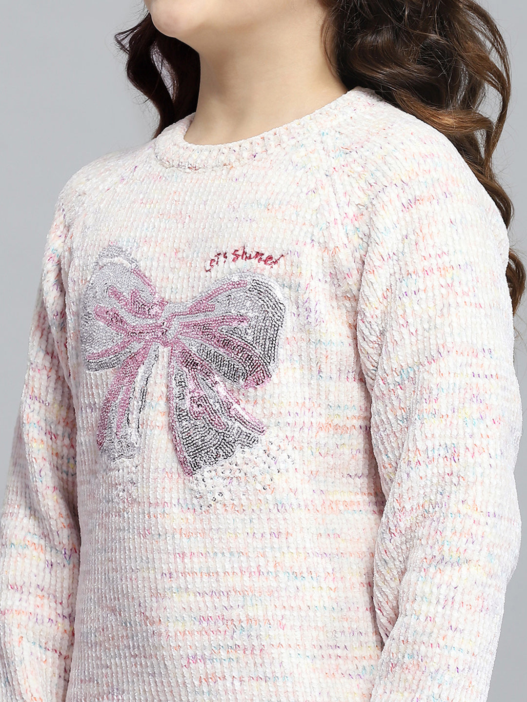 Girls Cream Self Design Round Neck Full Sleeve Winter Top