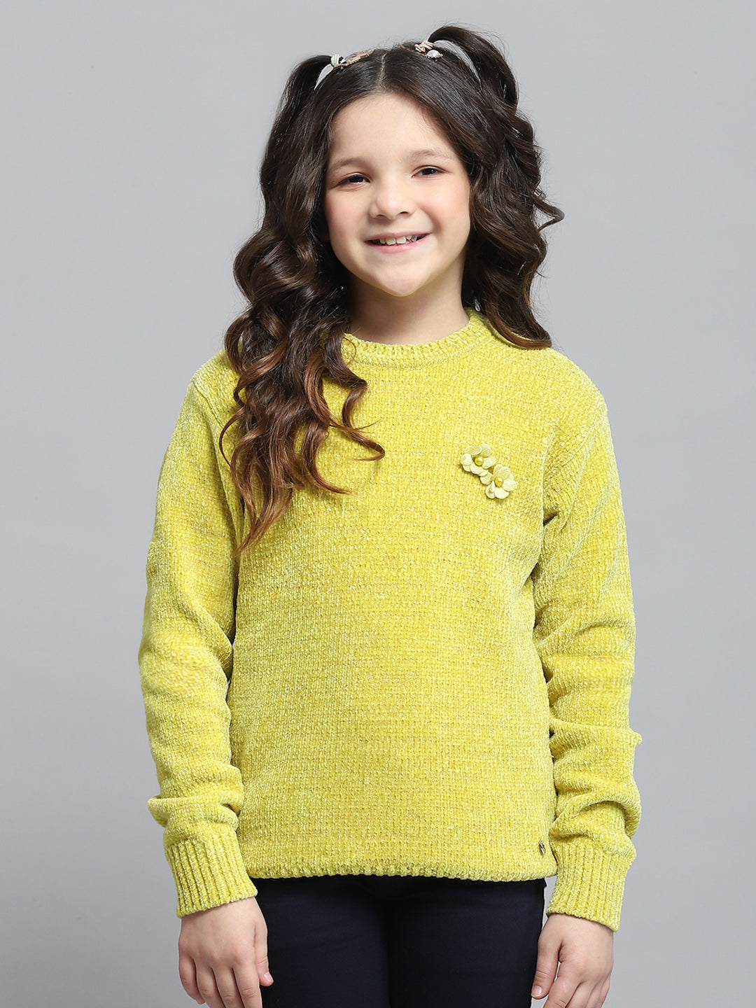 Girls Mustard Self Design Round Neck Full Sleeve Winter Top