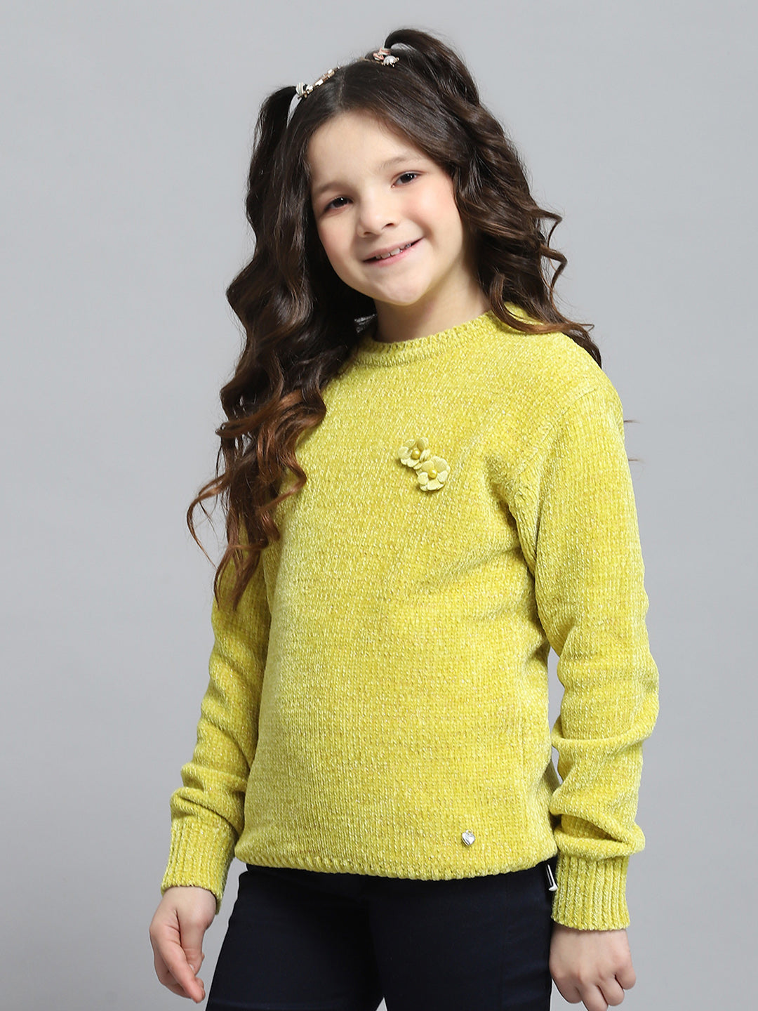 Girls Mustard Self Design Round Neck Full Sleeve Winter Top