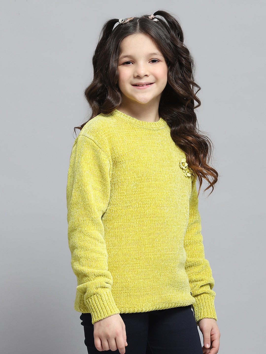 Girls Mustard Self Design Round Neck Full Sleeve Winter Top