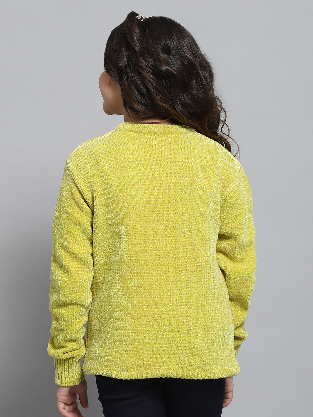 Girls Mustard Self Design Round Neck Full Sleeve Winter Top