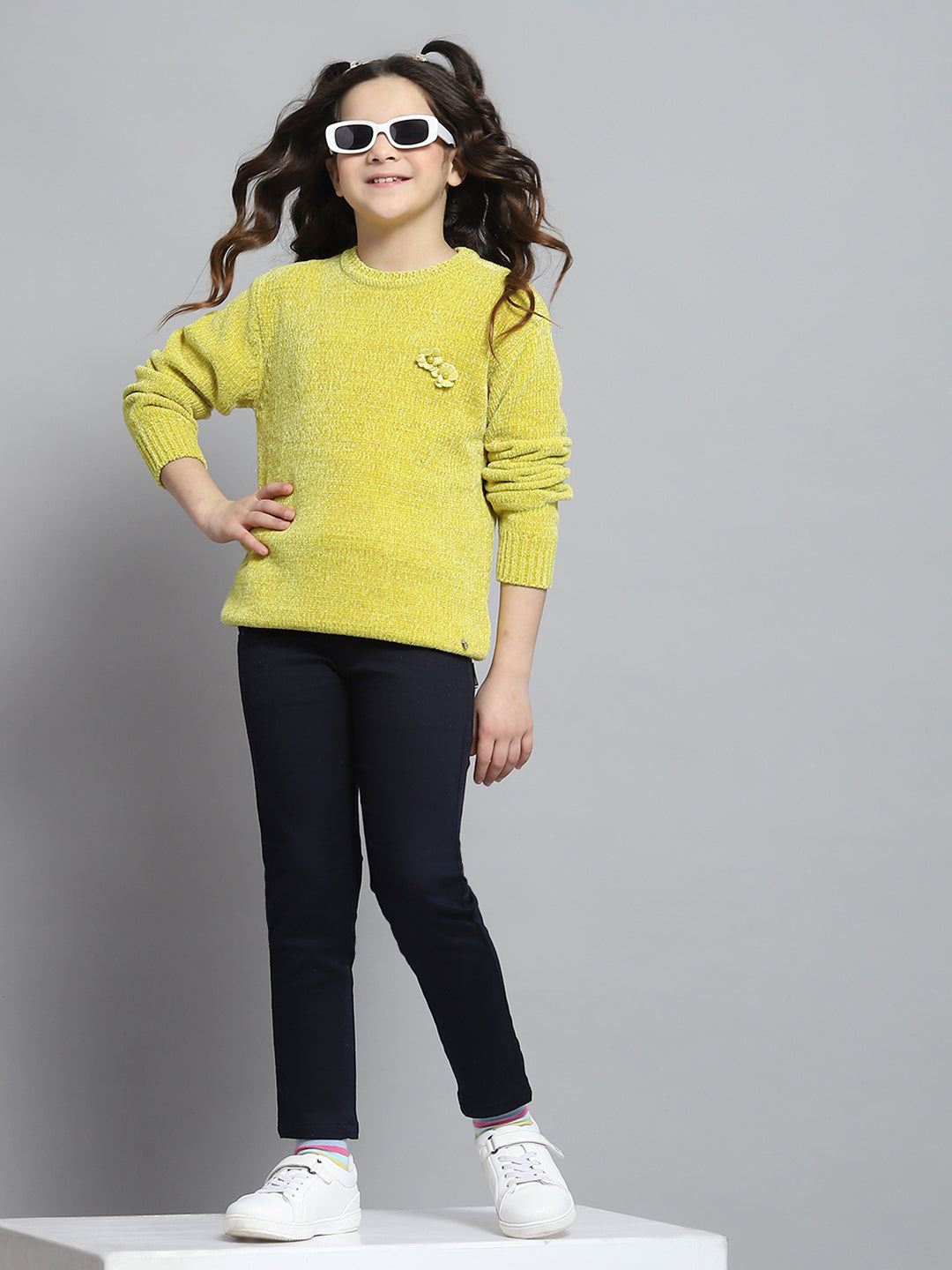 Girls Mustard Self Design Round Neck Full Sleeve Winter Top