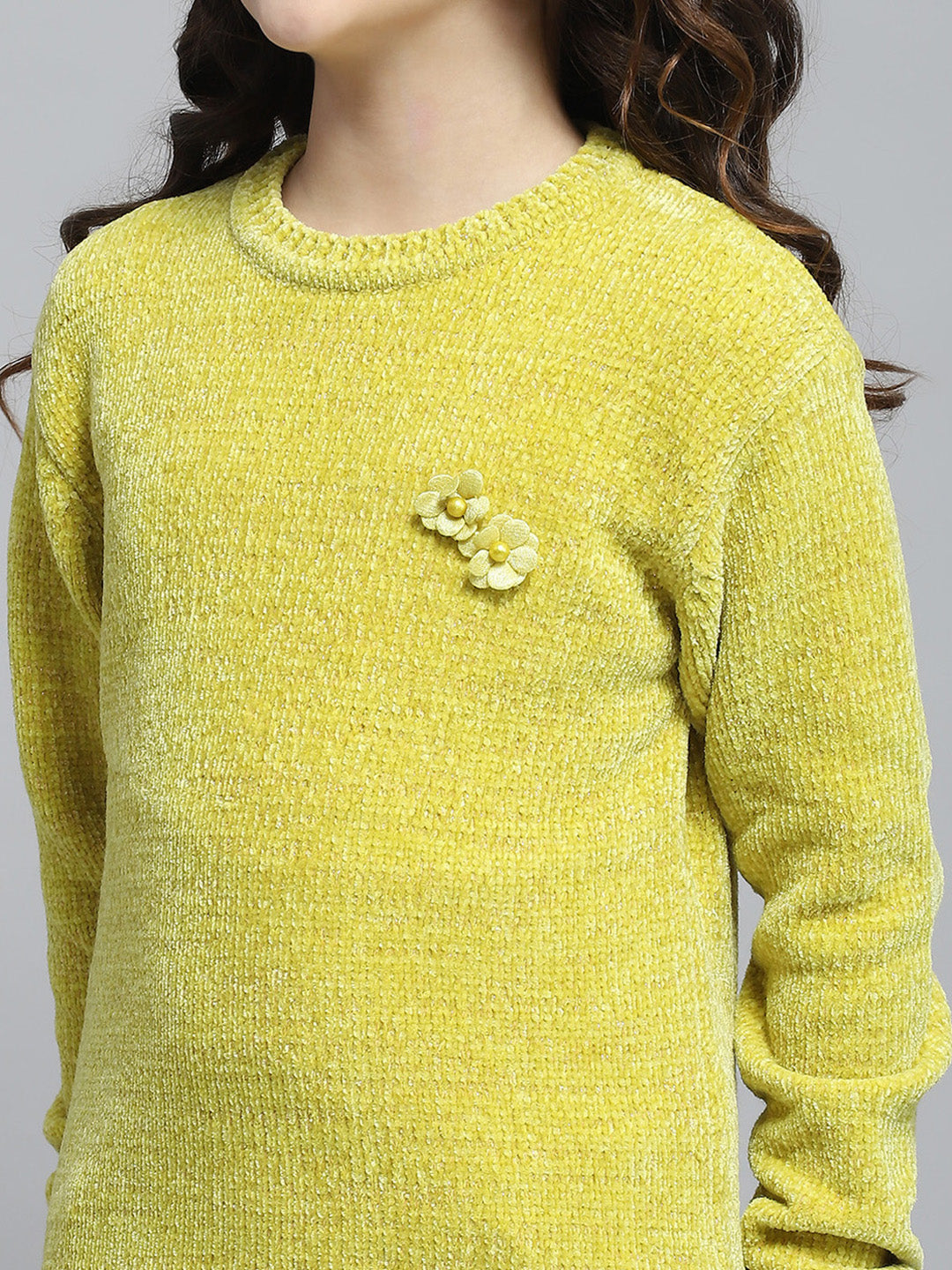 Girls Mustard Self Design Round Neck Full Sleeve Winter Top