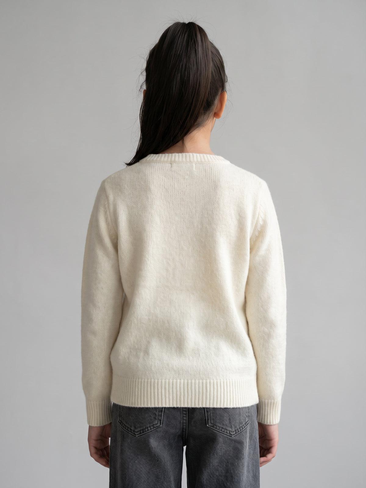 Girls Off White Printed Round Neck Full Sleeve Sweater