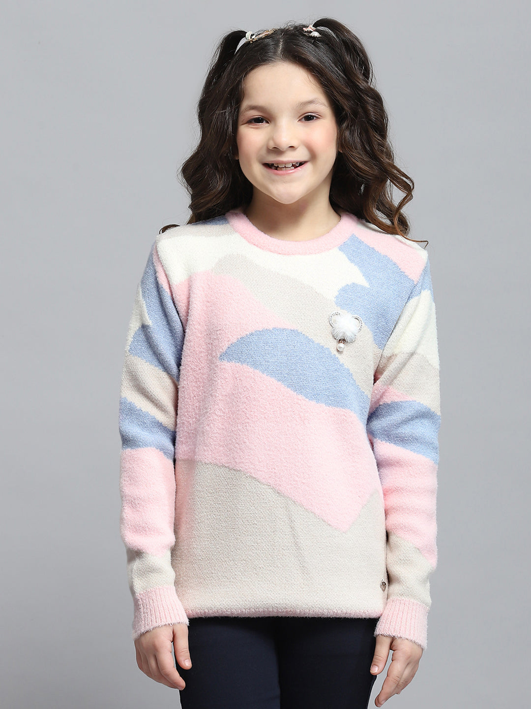 Girls Pink Self Design Round Neck Full Sleeve Winter Top