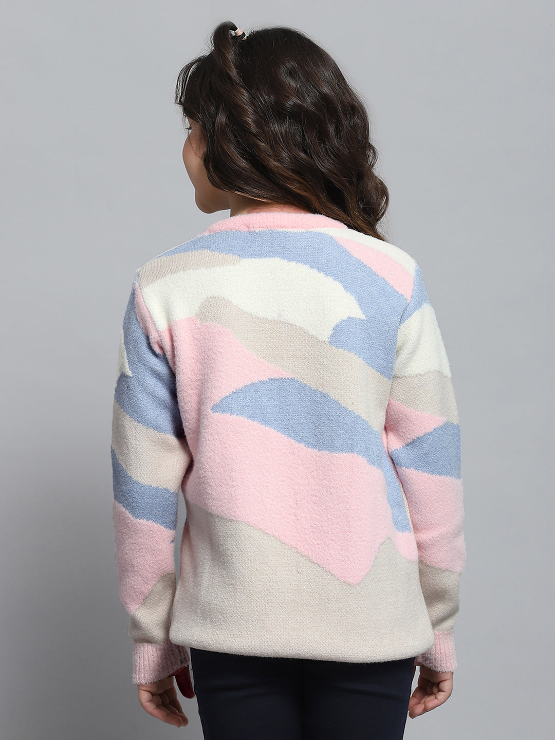 Girls Pink Self Design Round Neck Full Sleeve Winter Top