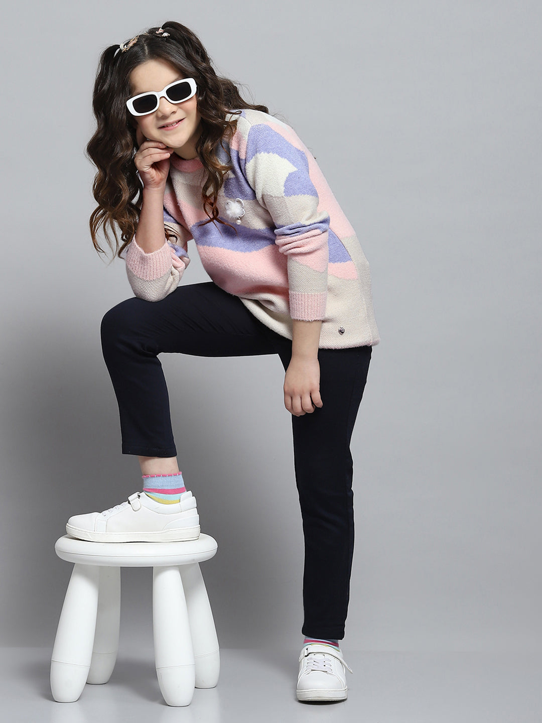 Girls Pink Self Design Round Neck Full Sleeve Winter Top