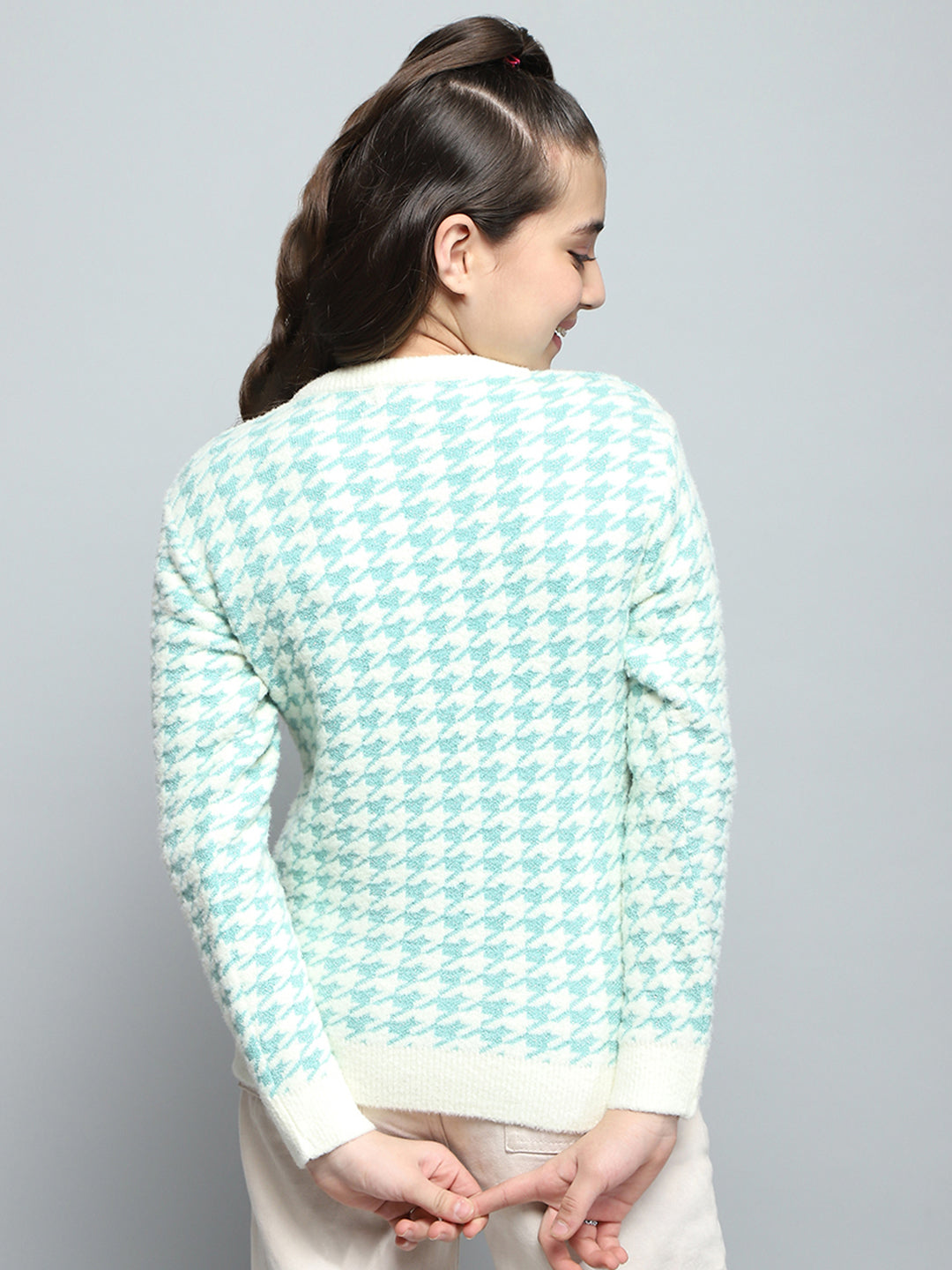 Girls Blue Self Design Round Neck Full Sleeve Winter Top