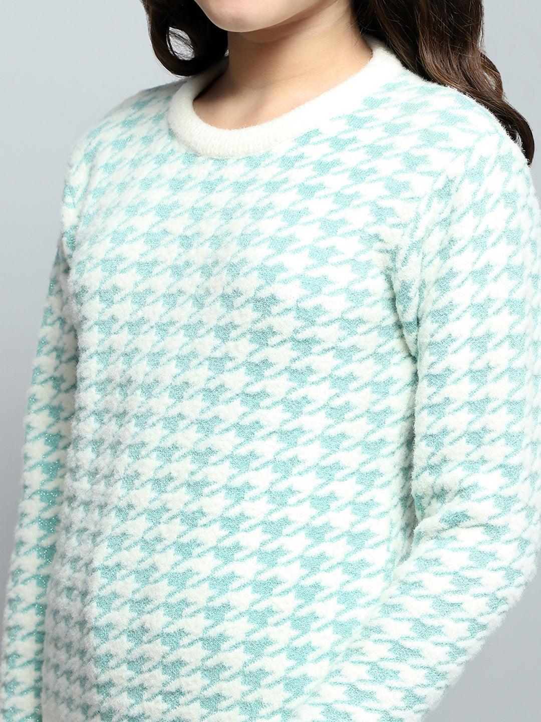 Girls Blue Self Design Round Neck Full Sleeve Winter Top