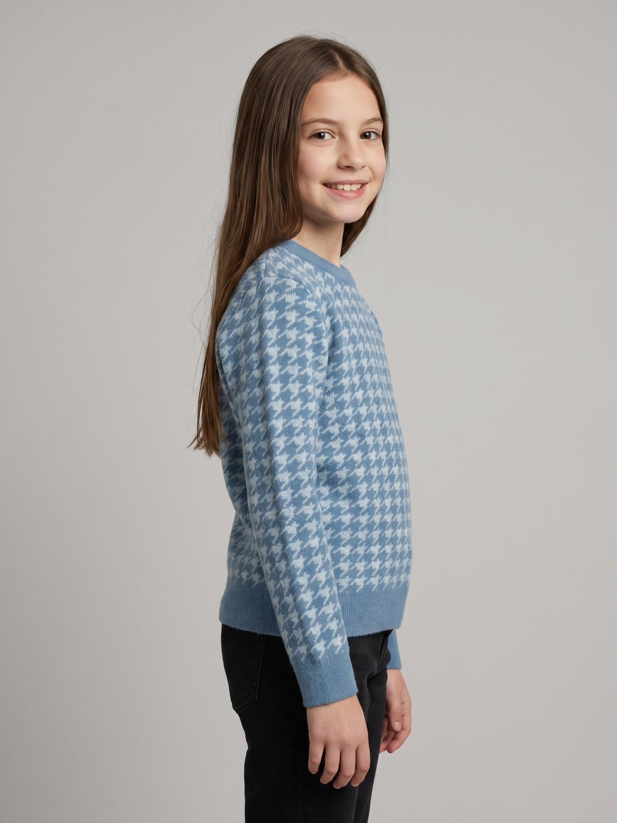 Girls Blue Jacquard Round Neck Full Sleeve Sweater