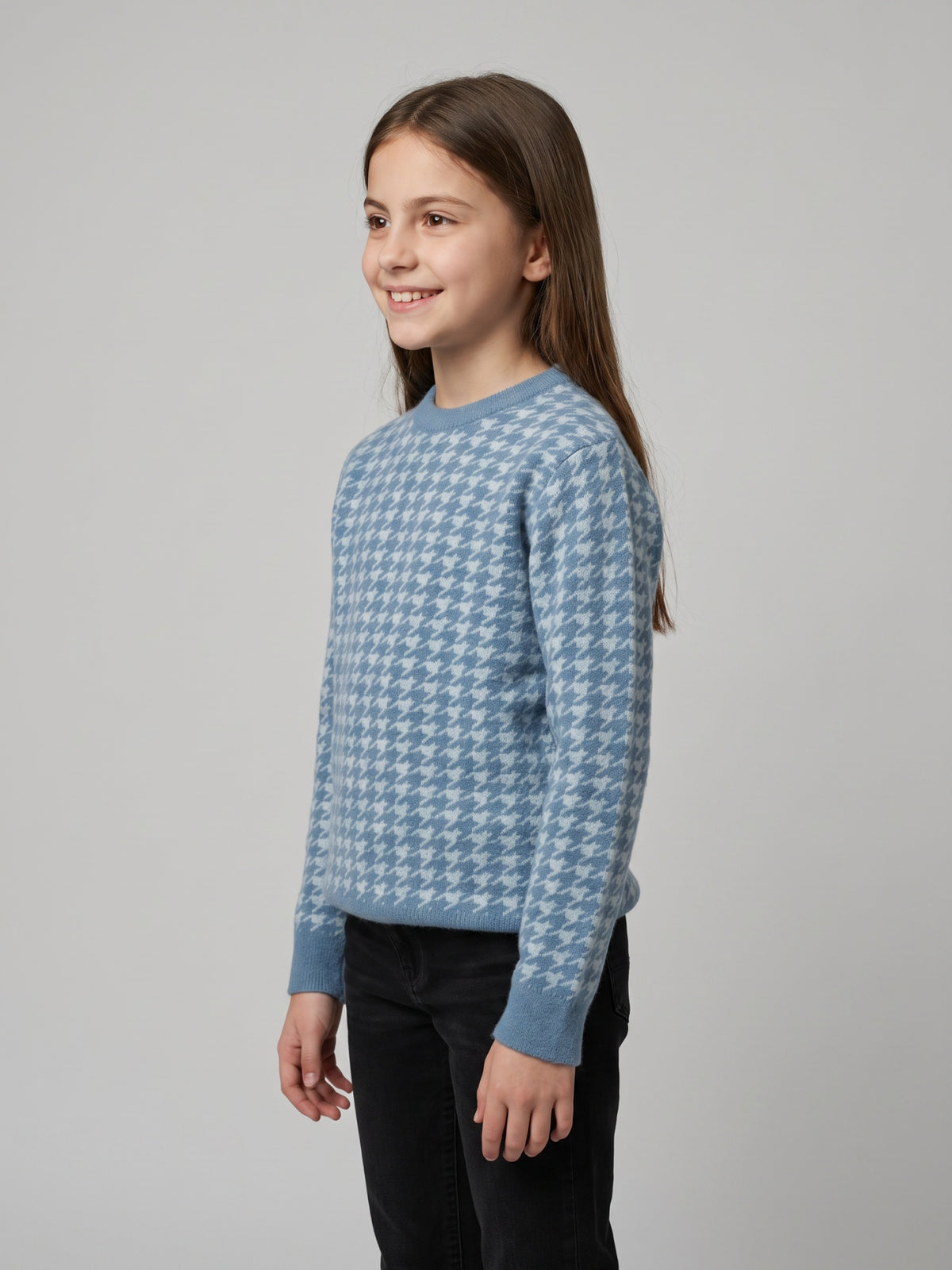 Girls Blue Jacquard Round Neck Full Sleeve Sweater