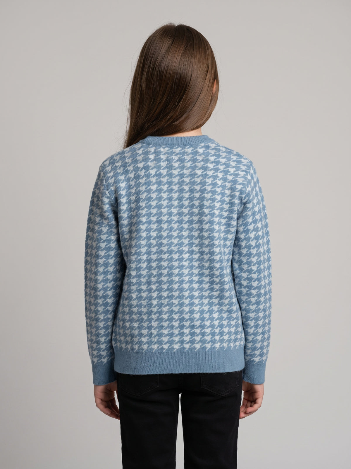 Girls Blue Jacquard Round Neck Full Sleeve Sweater