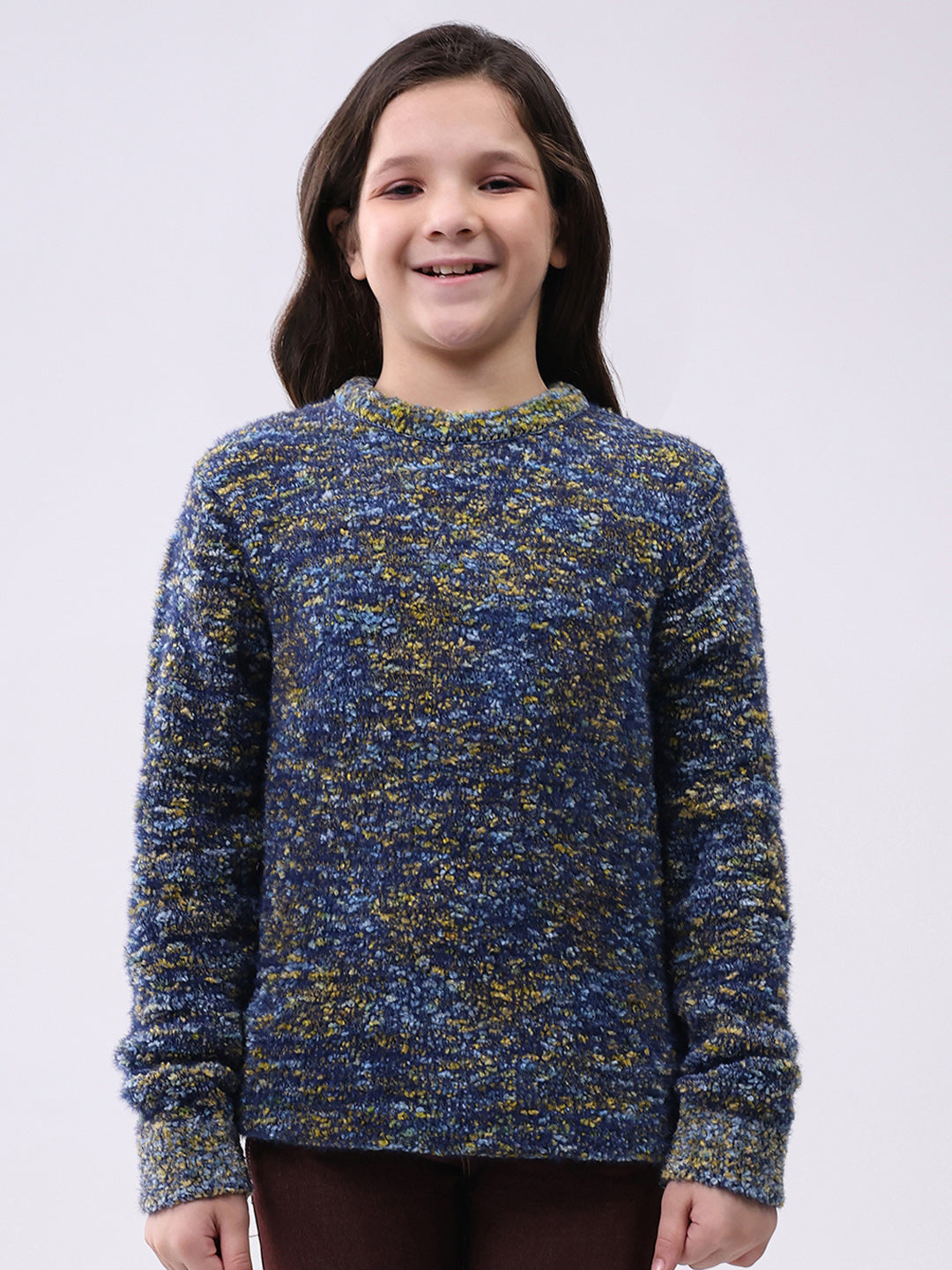 Girls Yellow & Green Self Design Round Neck Full Sleeve Pullover