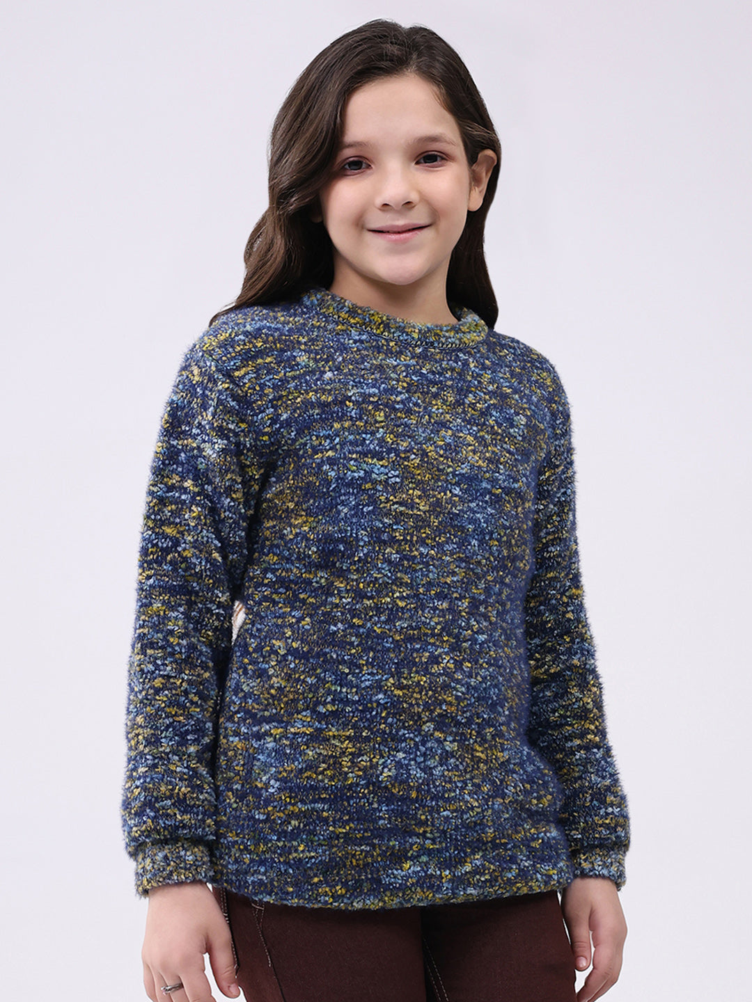 Girls Yellow & Green Self Design Round Neck Full Sleeve Pullover