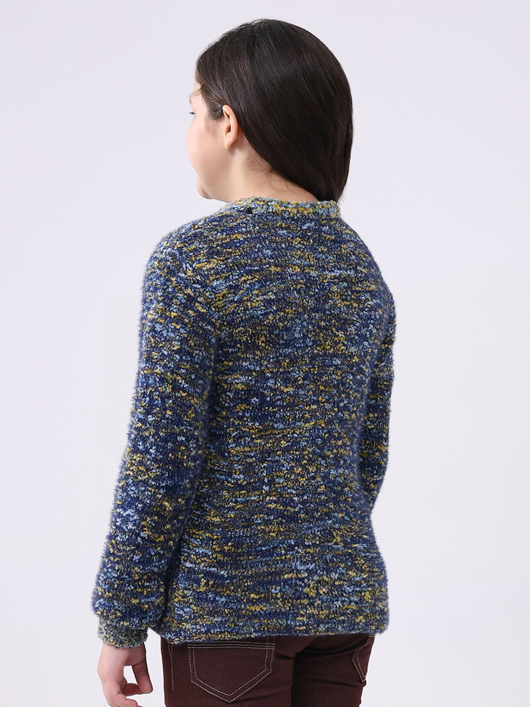 Girls Yellow & Green Self Design Round Neck Full Sleeve Pullover