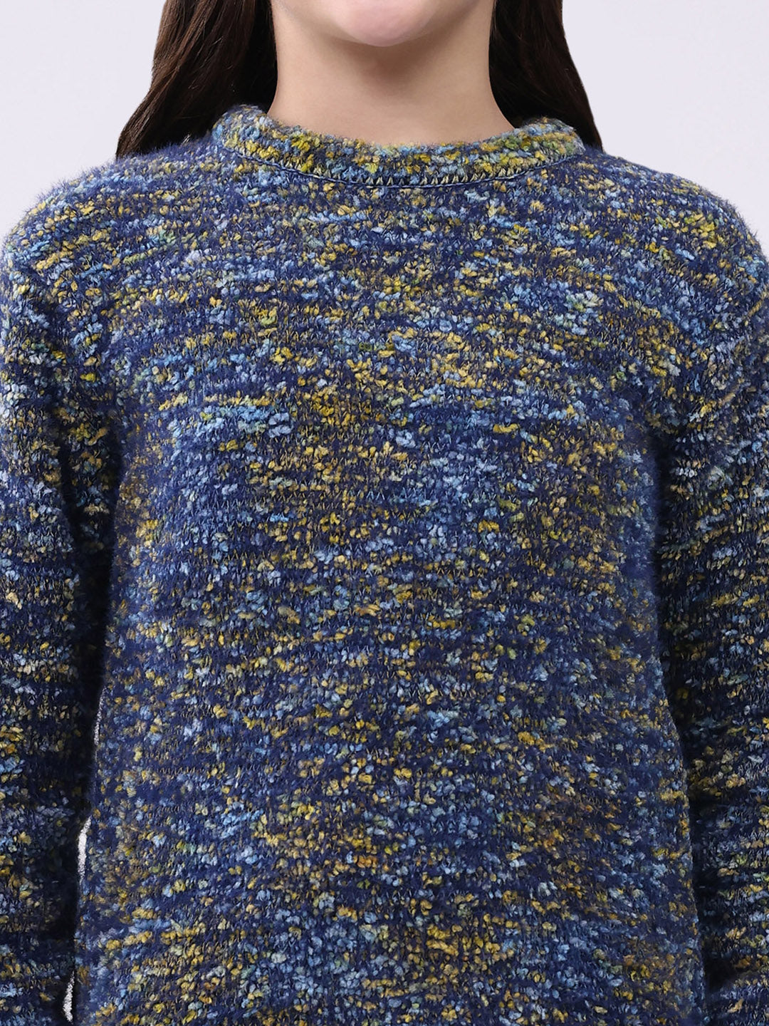 Girls Yellow & Green Self Design Round Neck Full Sleeve Pullover