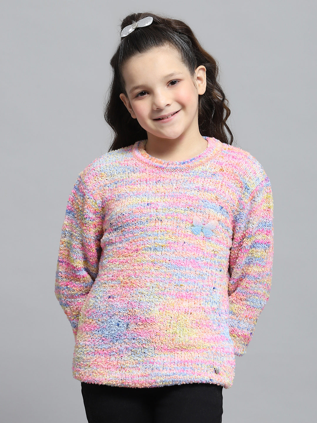 Girls Pink Self Design Round Neck Full Sleeve Winter Top