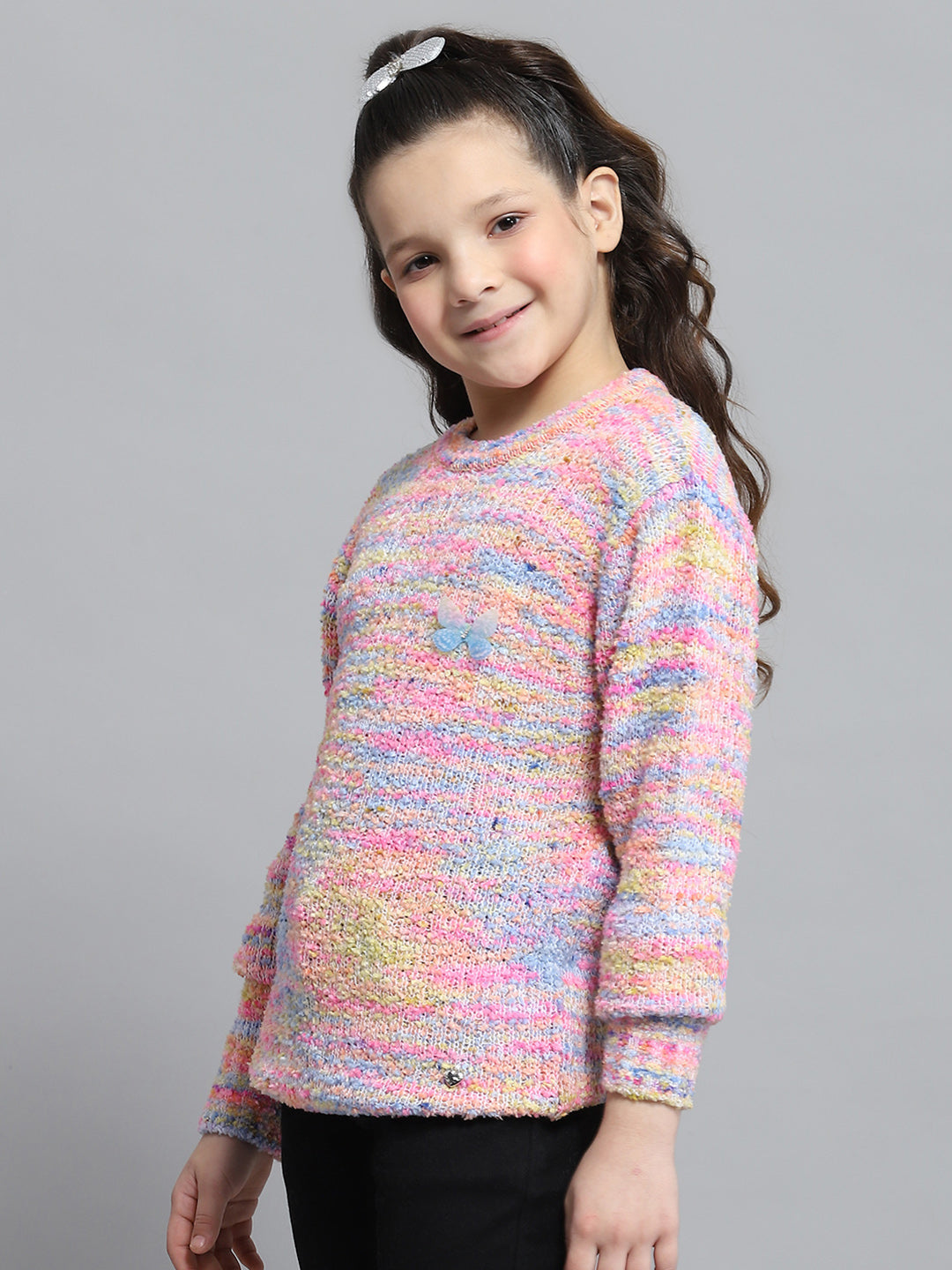 Girls Pink Self Design Round Neck Full Sleeve Winter Top