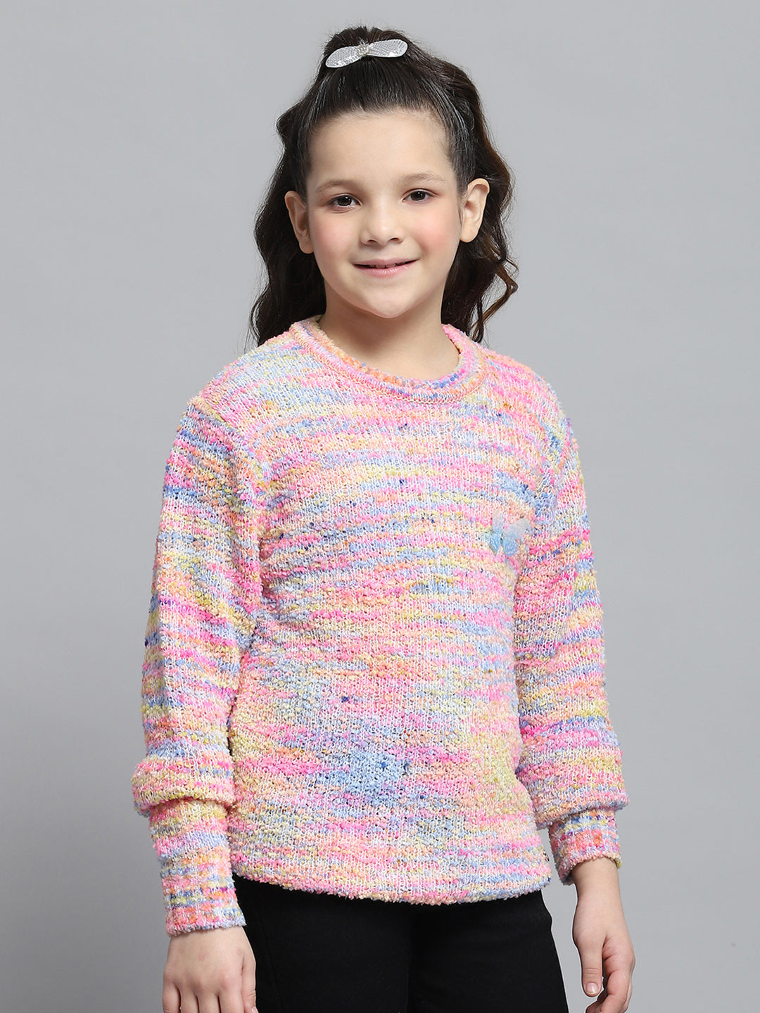 Girls Pink Self Design Round Neck Full Sleeve Winter Top