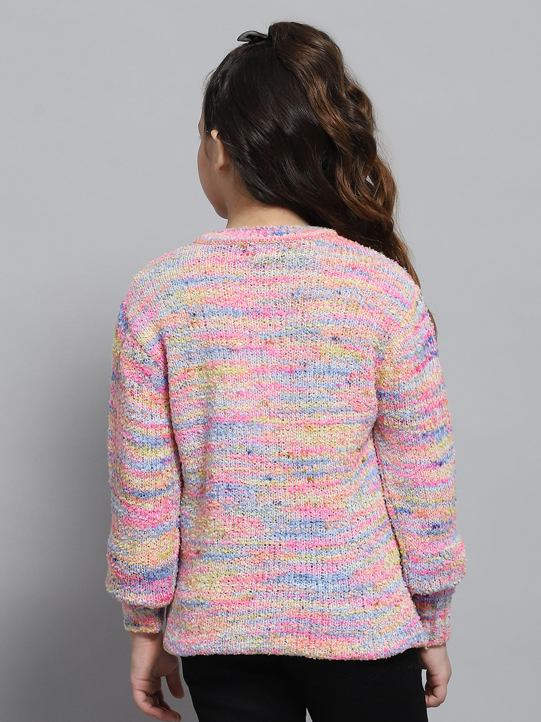 Girls Pink Self Design Round Neck Full Sleeve Winter Top