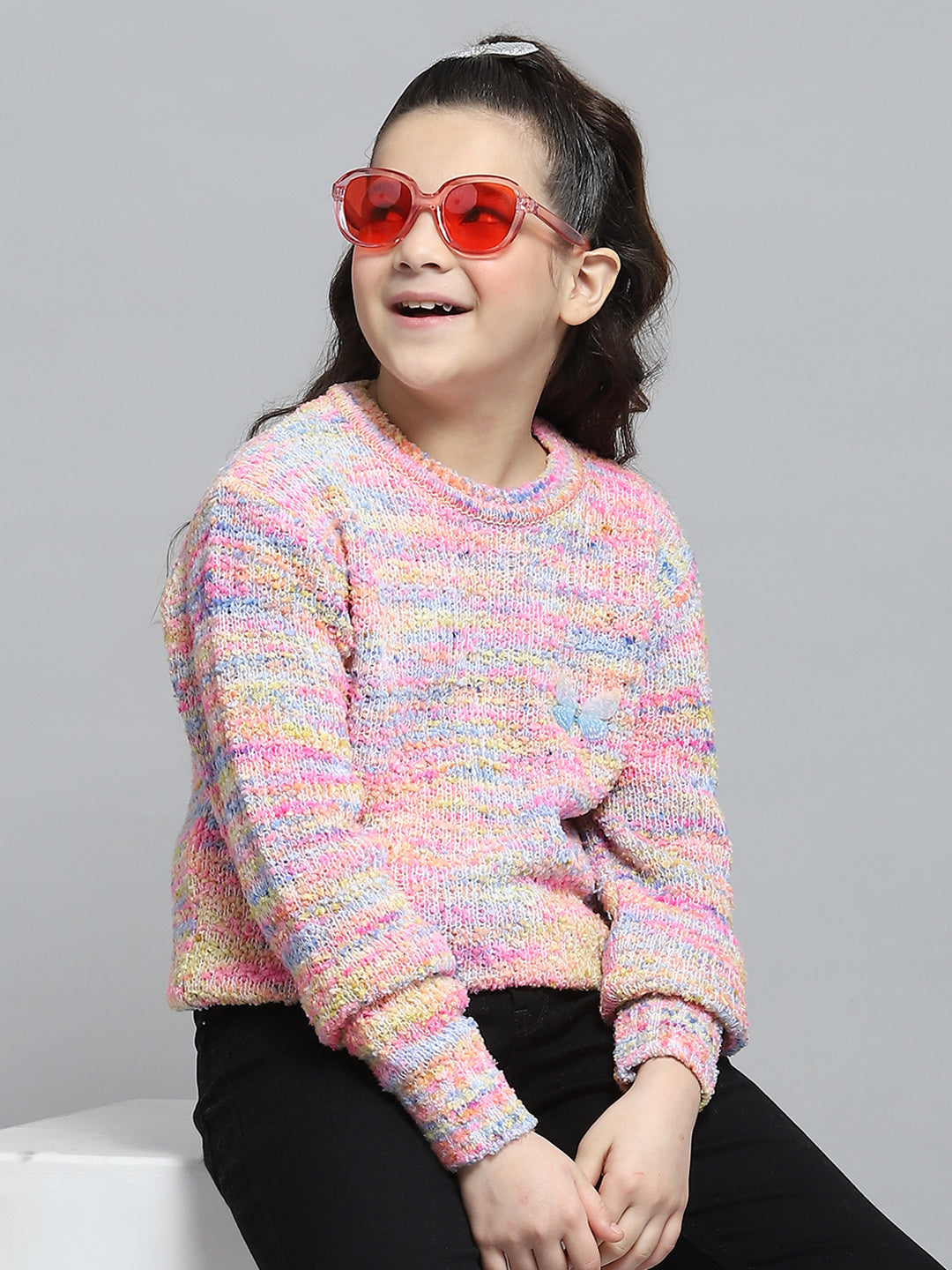 Girls Pink Self Design Round Neck Full Sleeve Winter Top