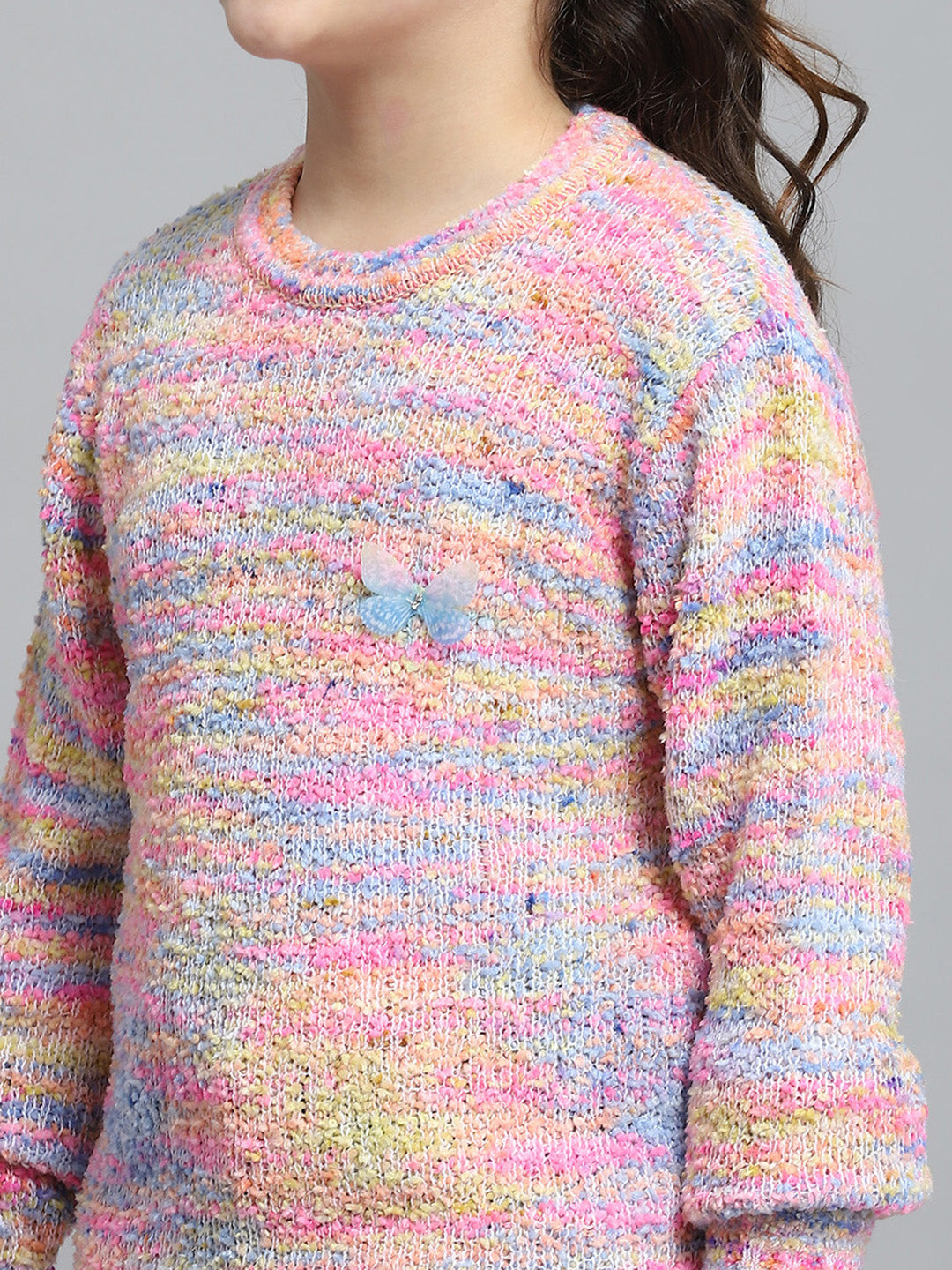 Girls Pink Self Design Round Neck Full Sleeve Winter Top