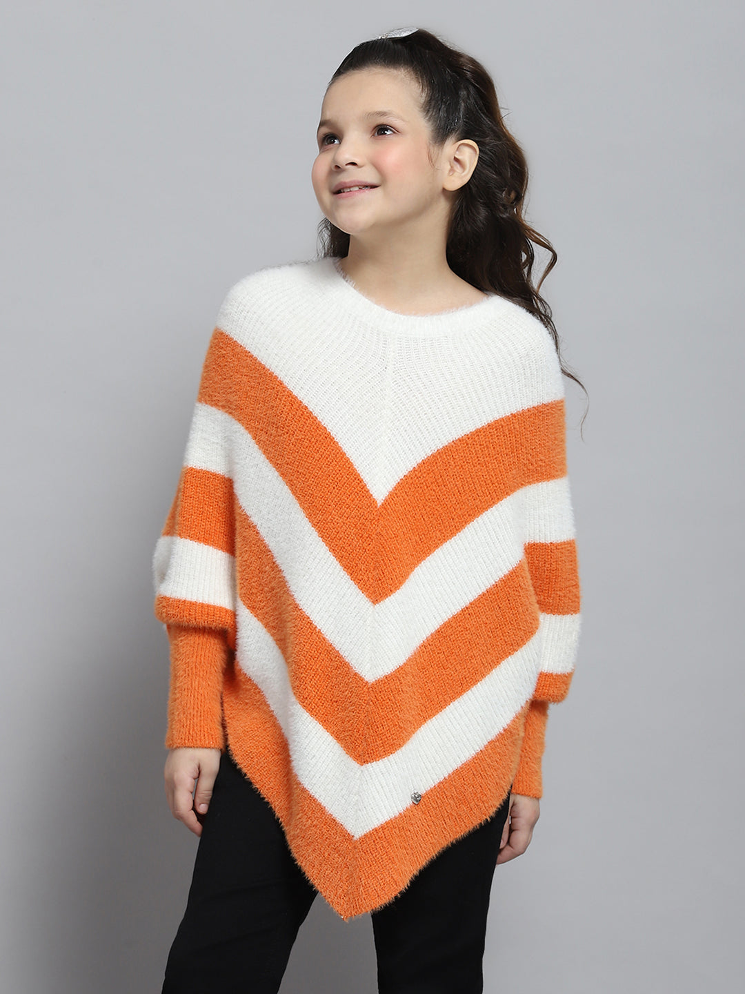 Girls White & Orange Stripe Round Neck Full Sleeve Poncho