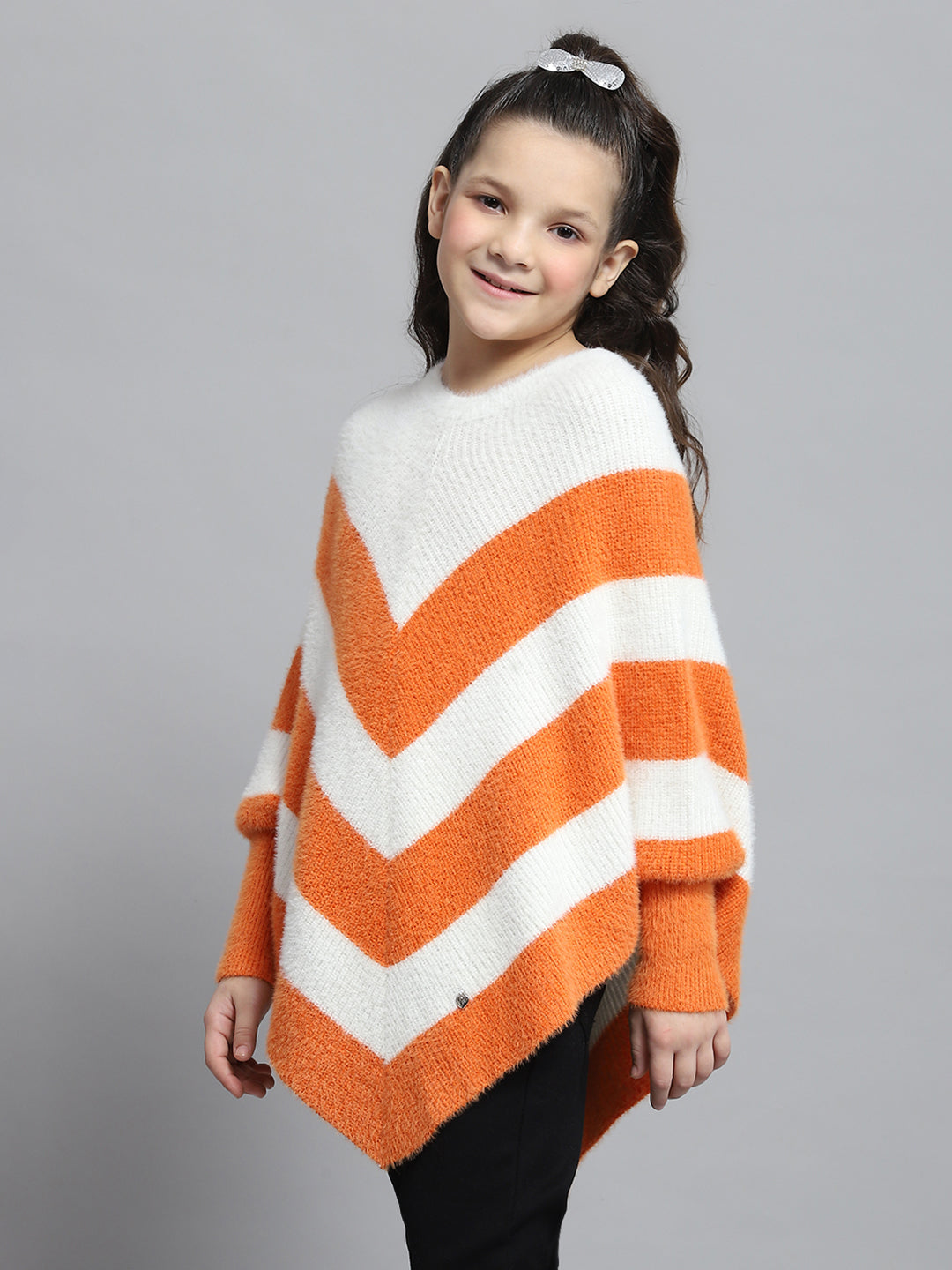 Girls White & Orange Stripe Round Neck Full Sleeve Poncho
