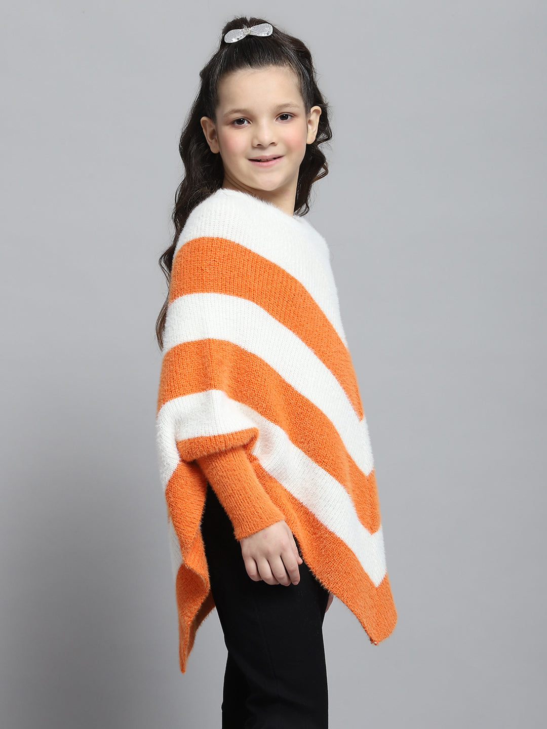 Girls White & Orange Stripe Round Neck Full Sleeve Poncho