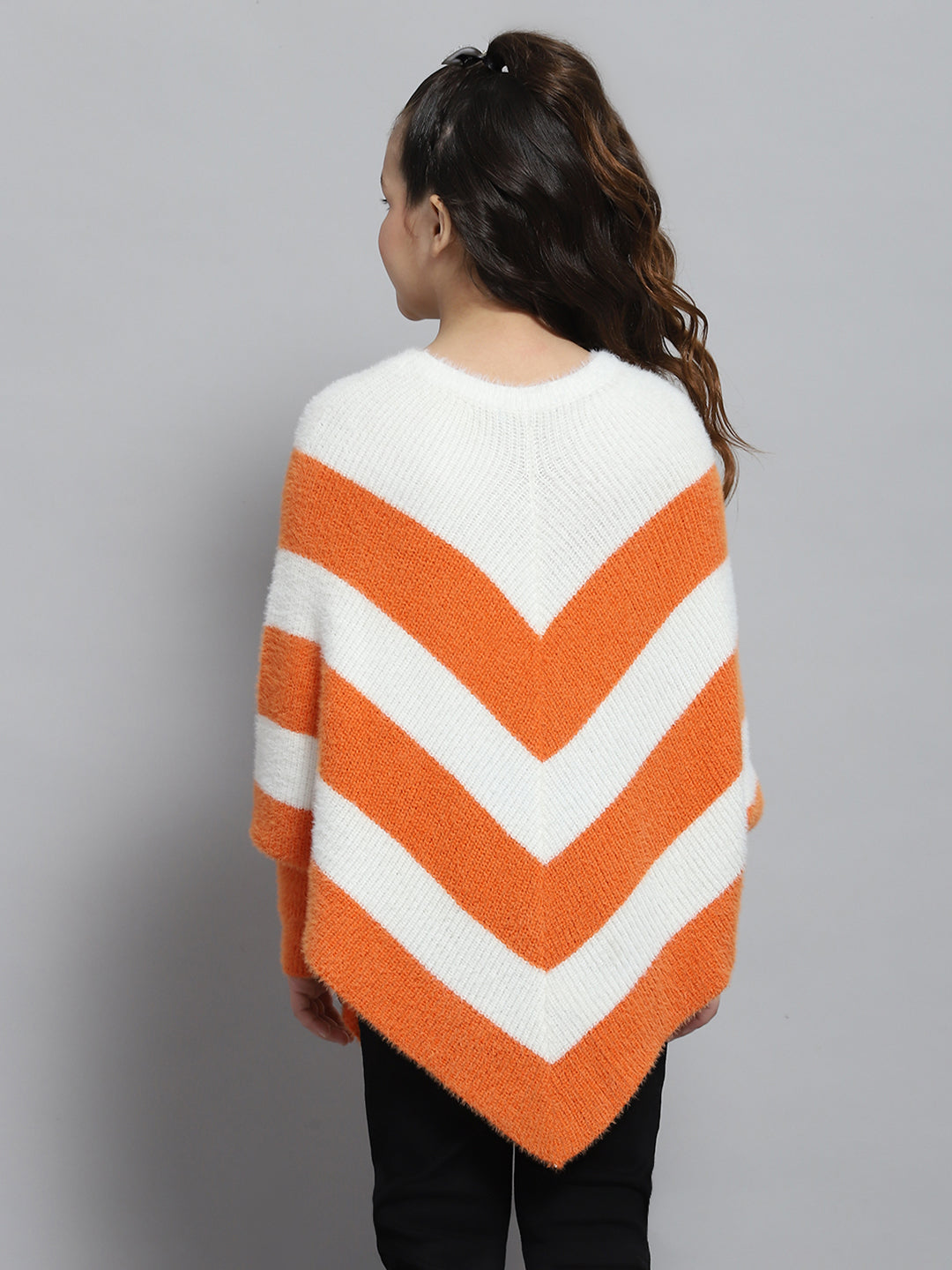 Girls White & Orange Stripe Round Neck Full Sleeve Poncho