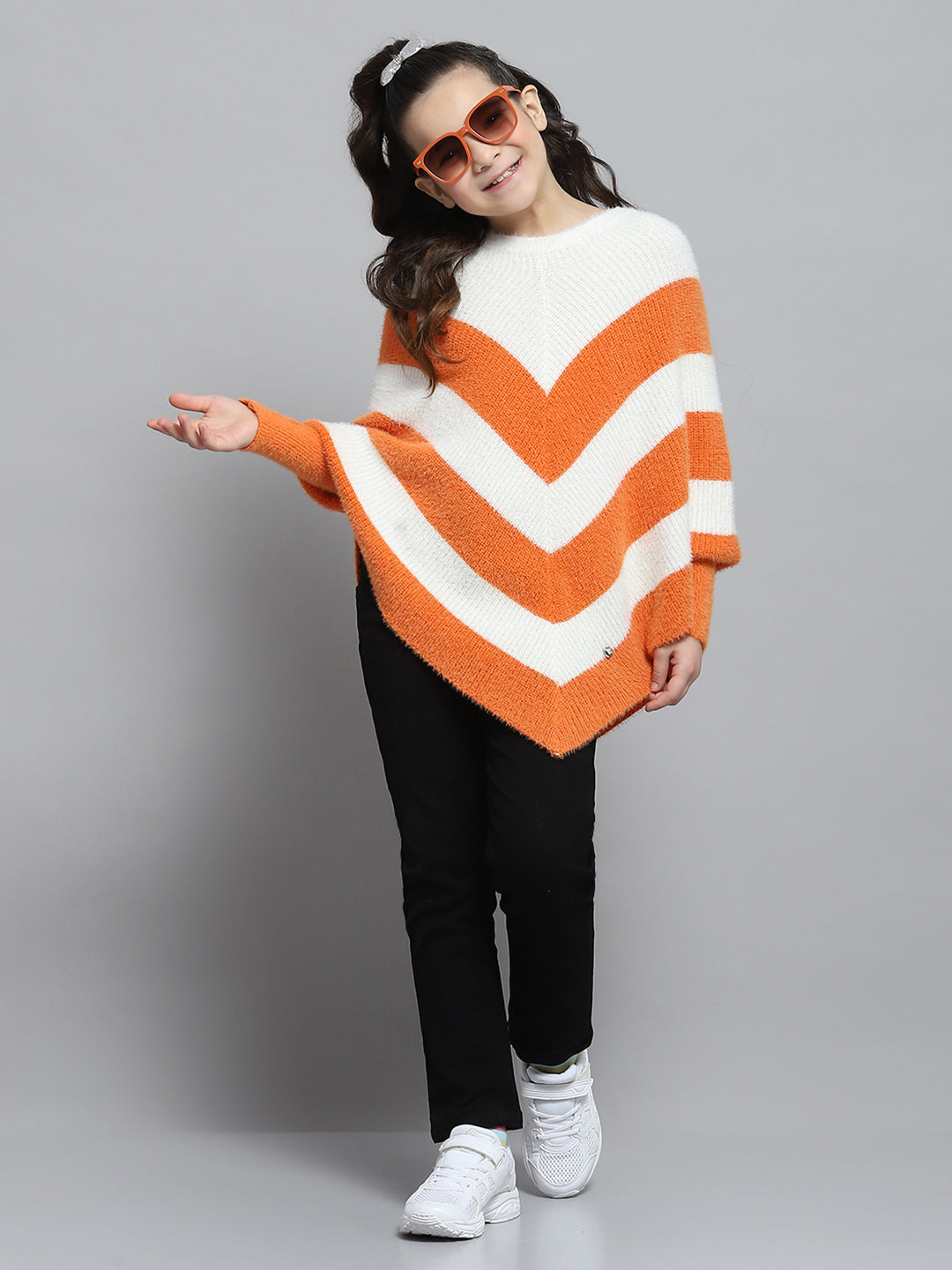 Girls White & Orange Stripe Round Neck Full Sleeve Poncho