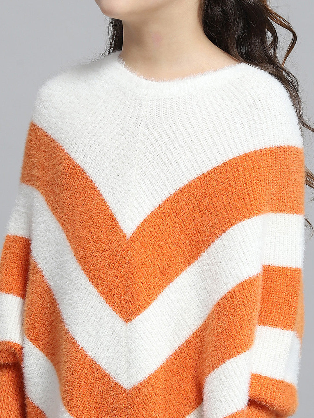 Girls White & Orange Stripe Round Neck Full Sleeve Poncho