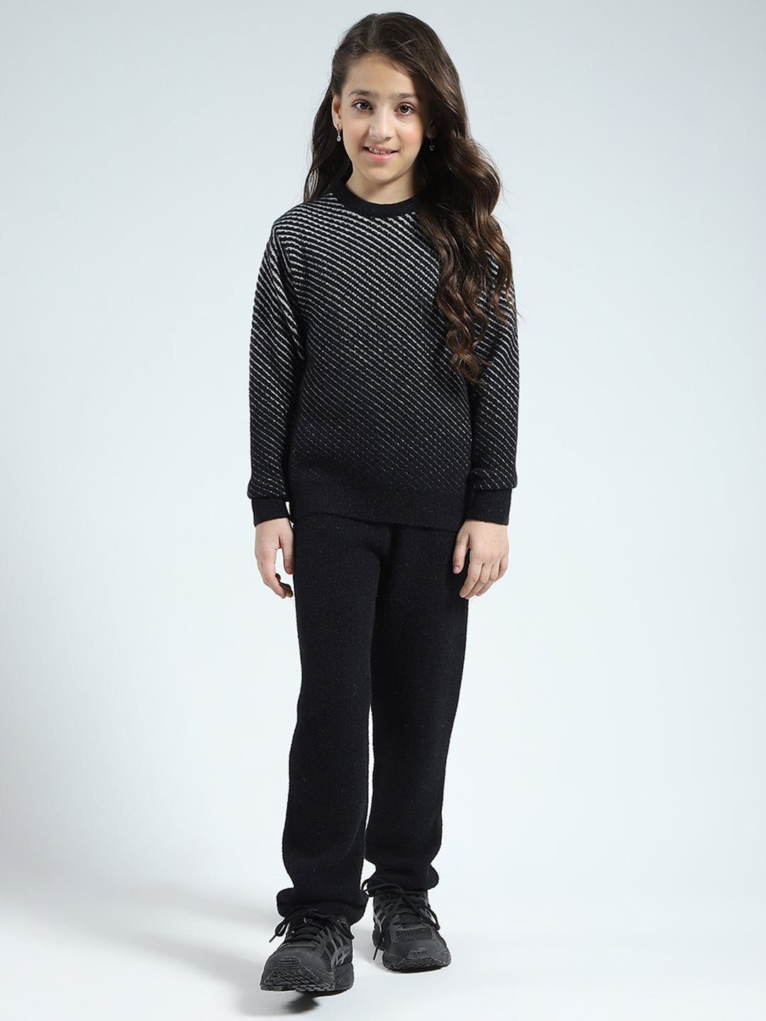 Girls Black Self Design Round Neck Full Sleeve Cords Set