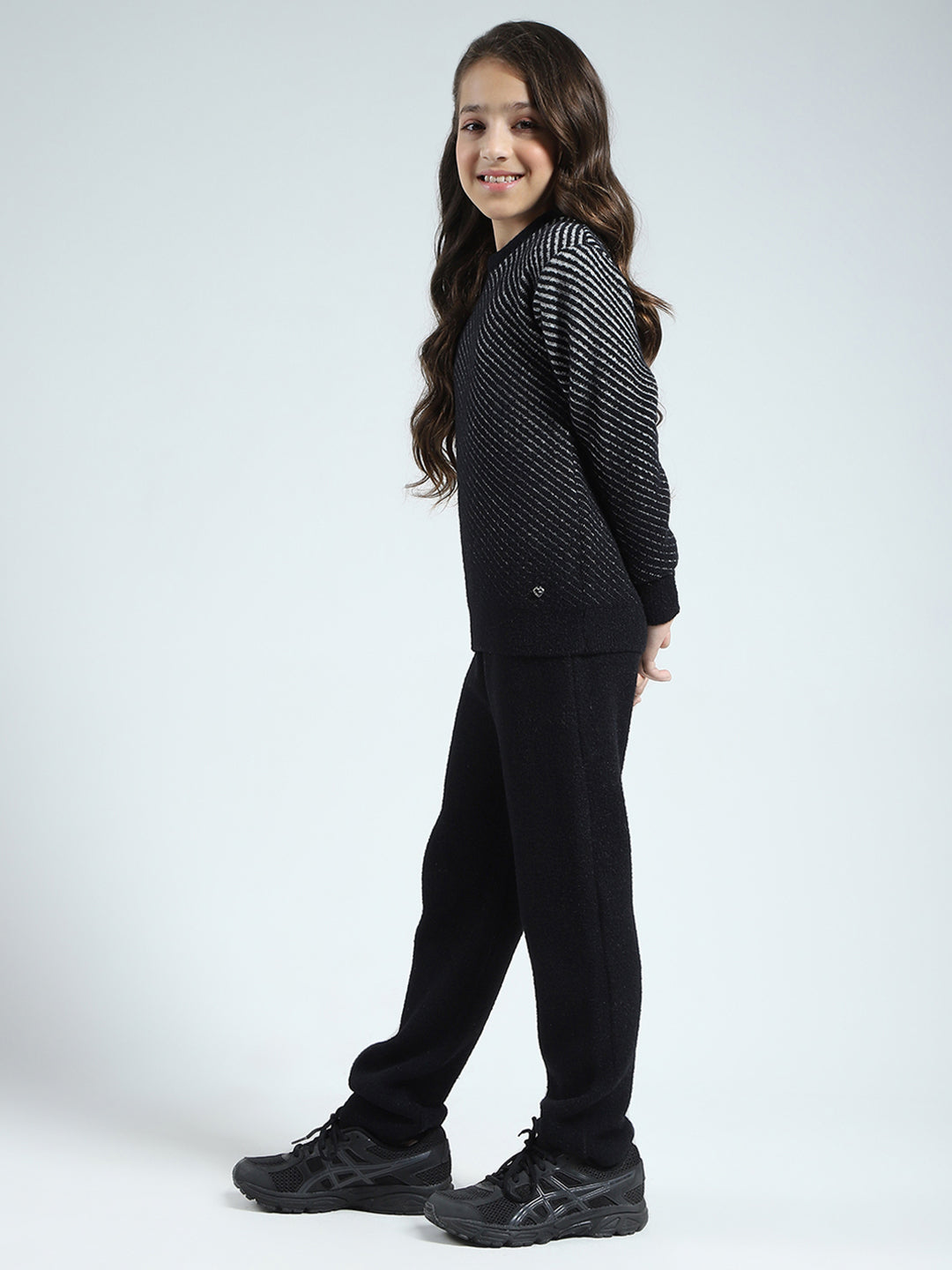 Girls Black Self Design Round Neck Full Sleeve Cords Set