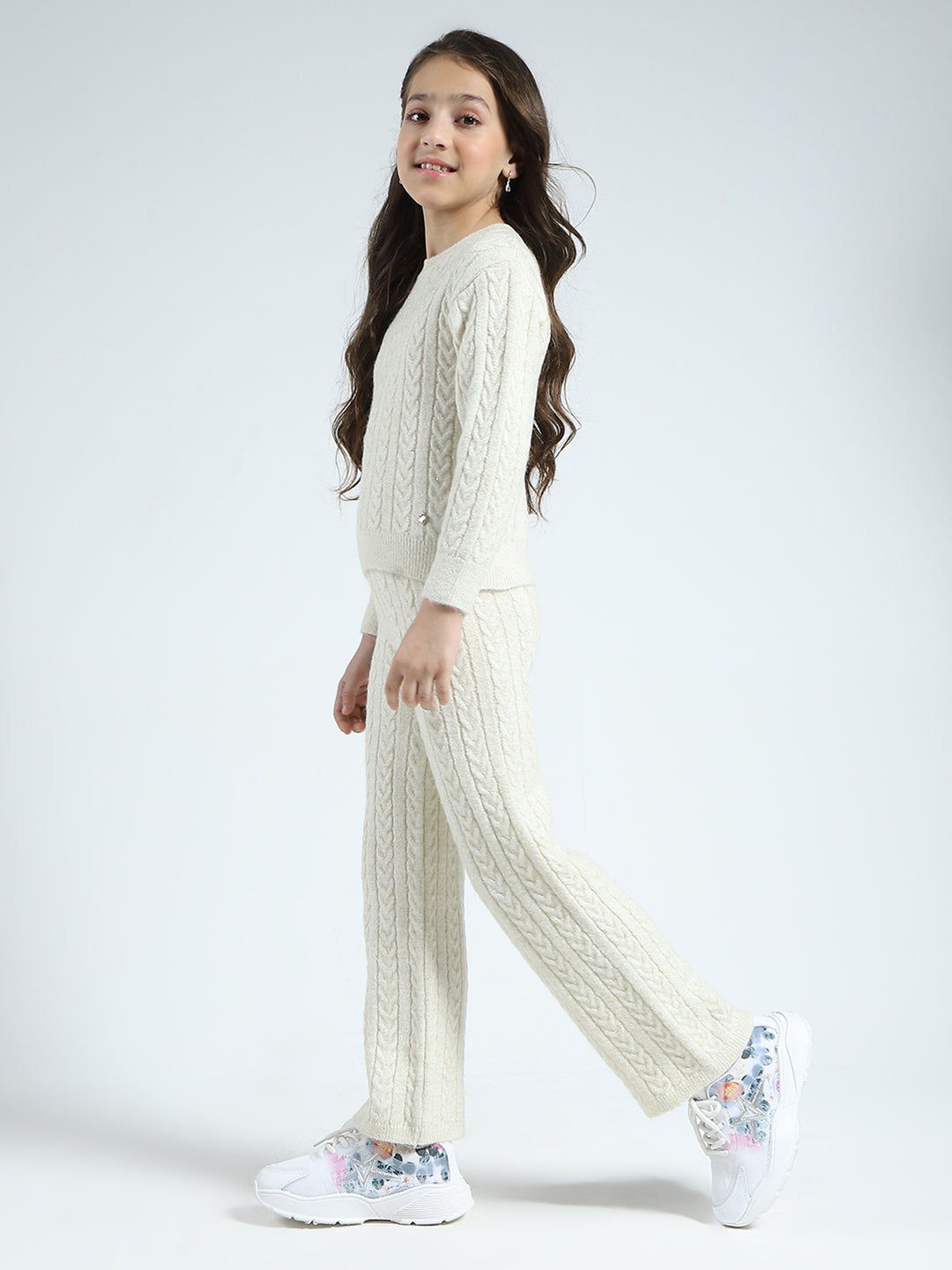 Girls Off White Self Design Round Neck Full Sleeve Cords Set