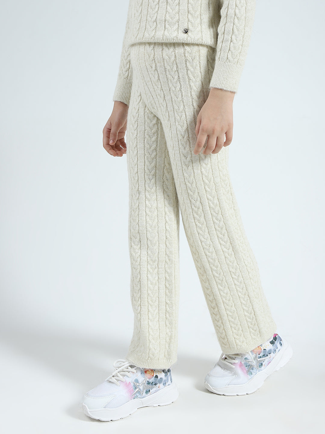 Girls Off White Self Design Round Neck Full Sleeve Cords Set