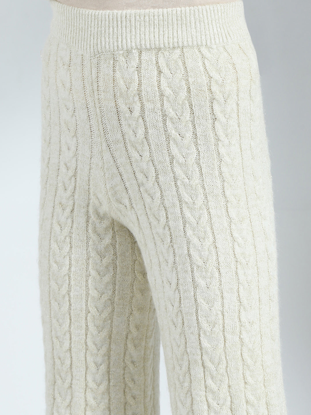 Girls Off White Self Design Round Neck Full Sleeve Cords Set