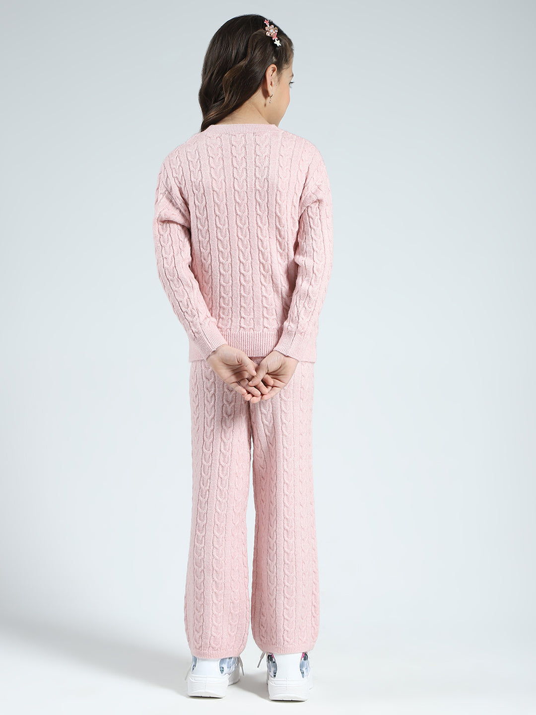 Girls Pink Self Design Round Neck Full Sleeve Cords Set