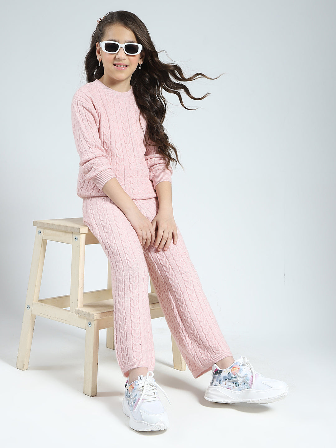 Girls Pink Self Design Round Neck Full Sleeve Cords Set