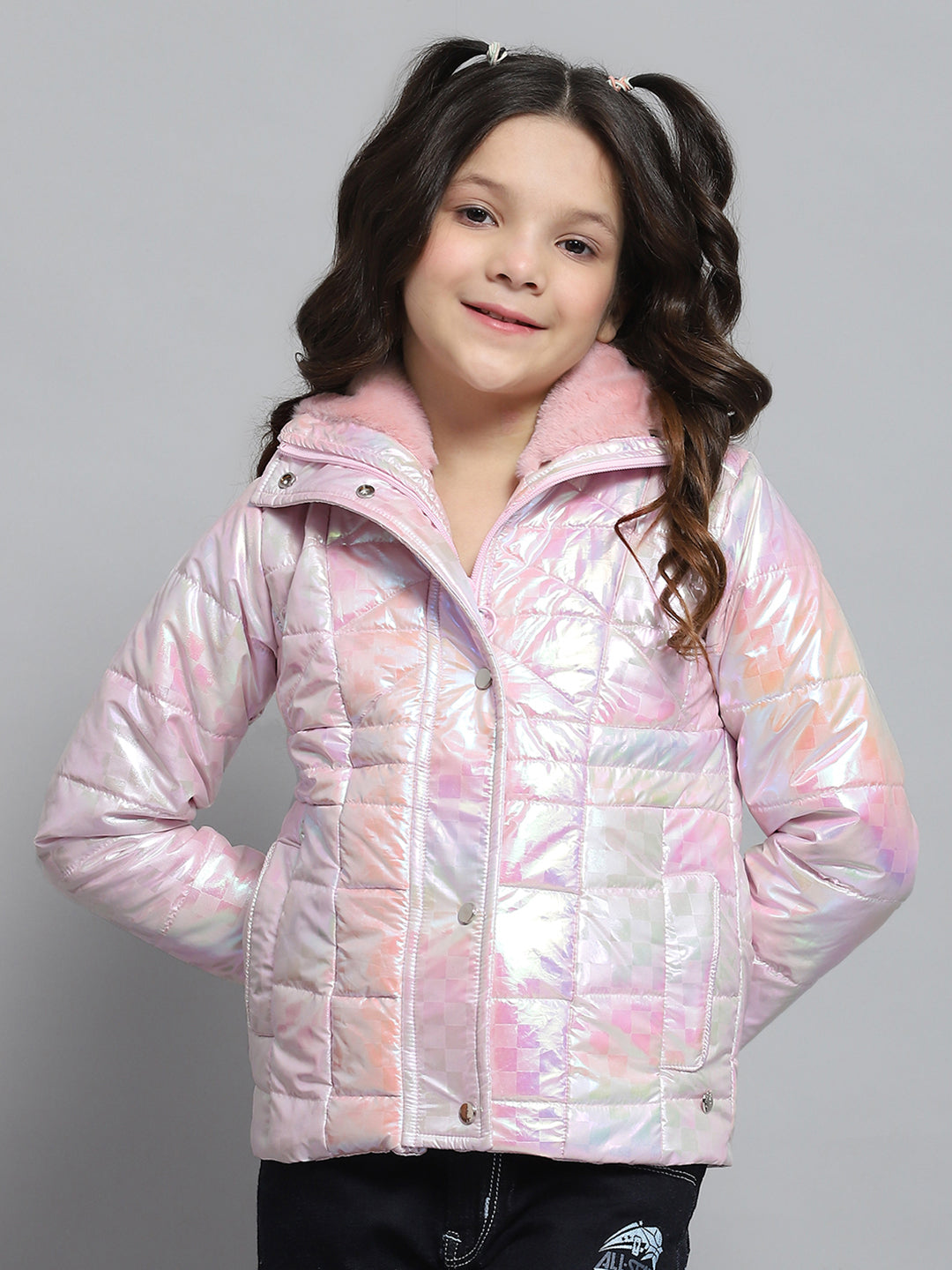 Girls Pink Self Design Collar Full Sleeve Jacket
