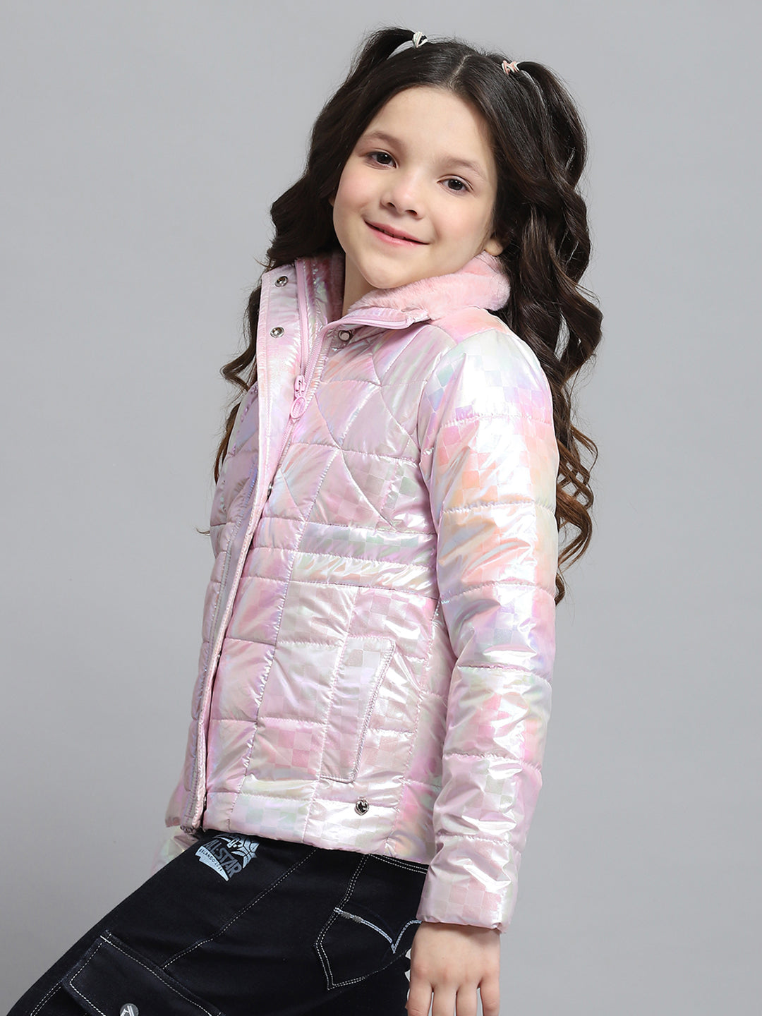 Girls Pink Self Design Collar Full Sleeve Jacket