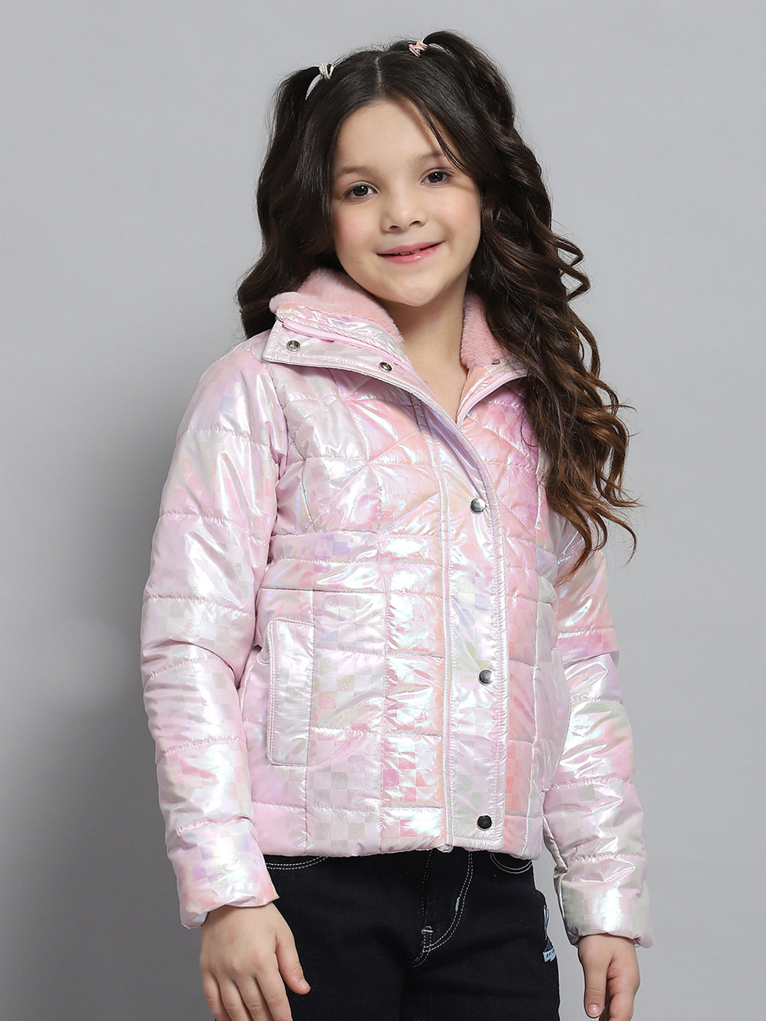 Girls Pink Self Design Collar Full Sleeve Jacket
