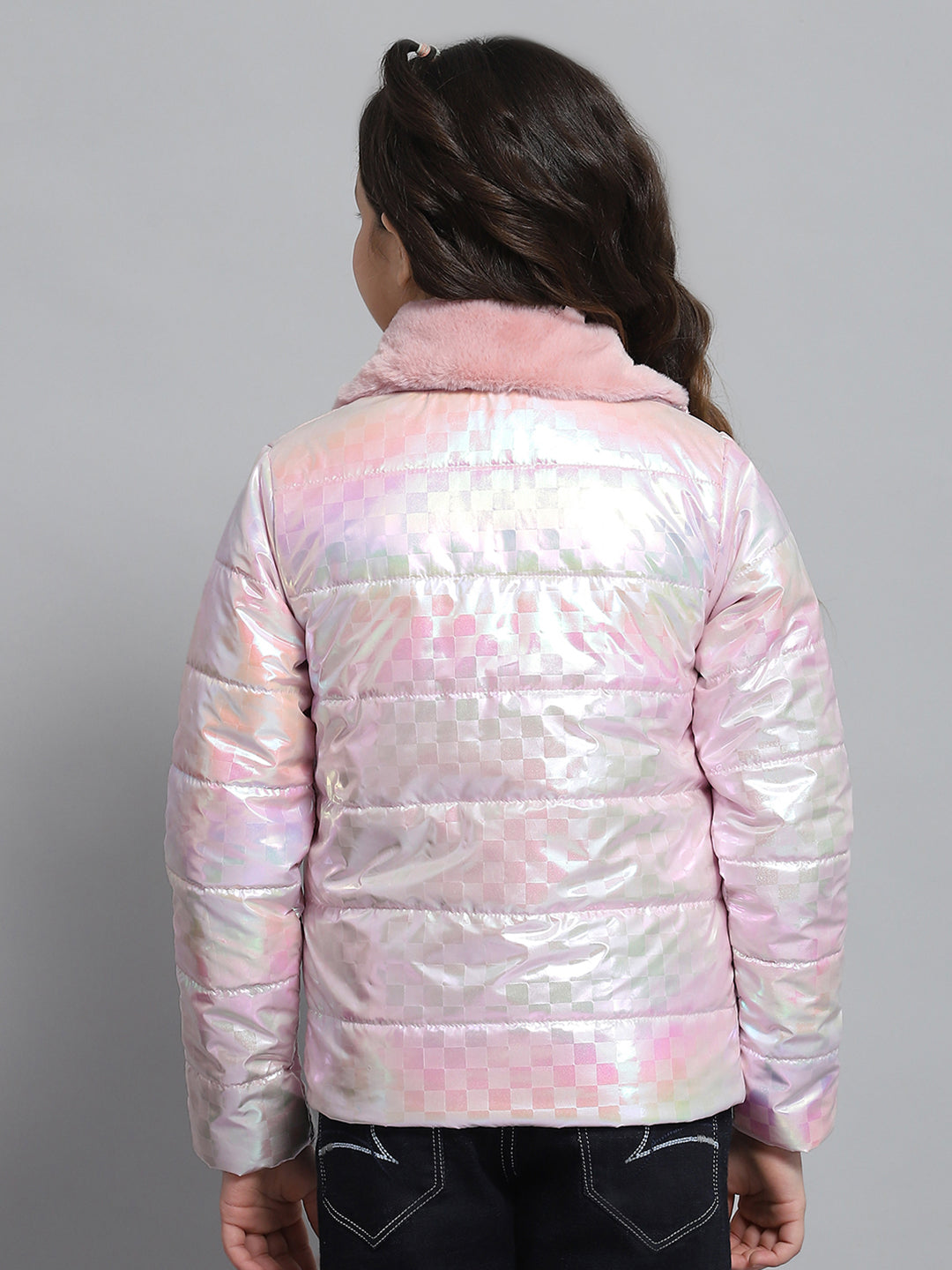 Girls Pink Self Design Collar Full Sleeve Jacket