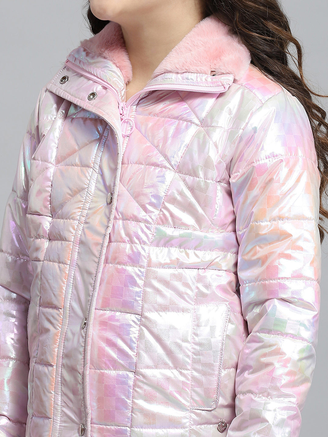 Girls Pink Self Design Collar Full Sleeve Jacket